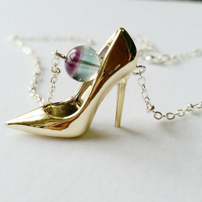 Purplish blue fluorite, gold high heels silver-plated necklace collarbone - Necklaces - Gemstone Gold