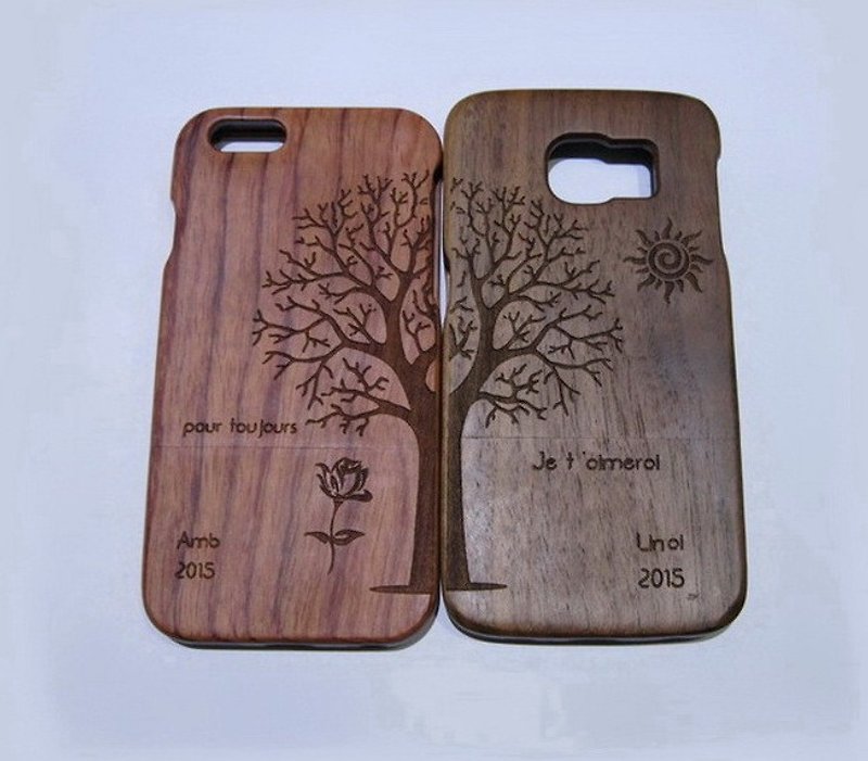 Customized solid wood couple mobile phone case, custom solid wood iPhone mobile phone case, personalized gift, couple mobile phone case - เคส/ซองมือถือ - ไม้ 