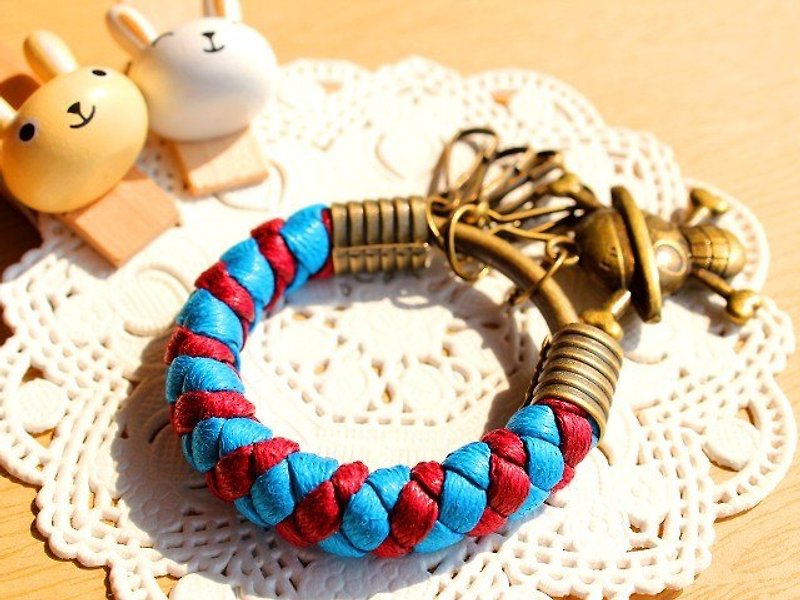 【BH款】純手工編織腊繩鐵環鑰匙圈 - สร้อยข้อมือ - วัสดุอื่นๆ สีน้ำเงิน