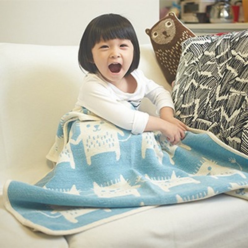 彌月禮 瑞典Klippan有機棉暖暖毯--逗趣貓 (天空藍) - 棉被/毛毯 - 棉．麻 藍色