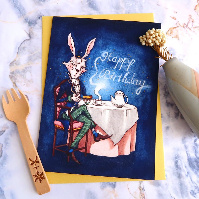 【Pin】Gentleman Rabbit│Print│Birthday card with envelope at your choice - การ์ด/โปสการ์ด - กระดาษ สีน้ำเงิน