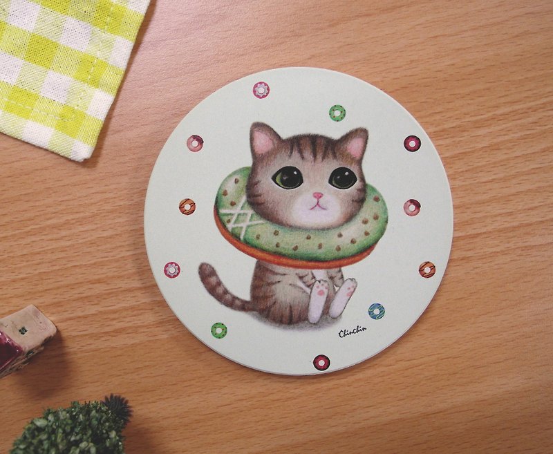 ChinChin Hand-painted Cat Ceramic Water-absorbing Coaster-Matcha Donuts - Coasters - Other Materials Green