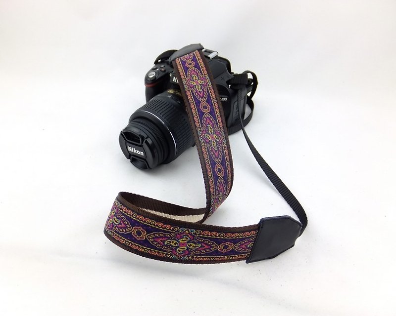 相機背帶 個性客製 可印字 真皮拼接 刺繡花紋  民族風028 - 相機背帶 - 真皮 紫色