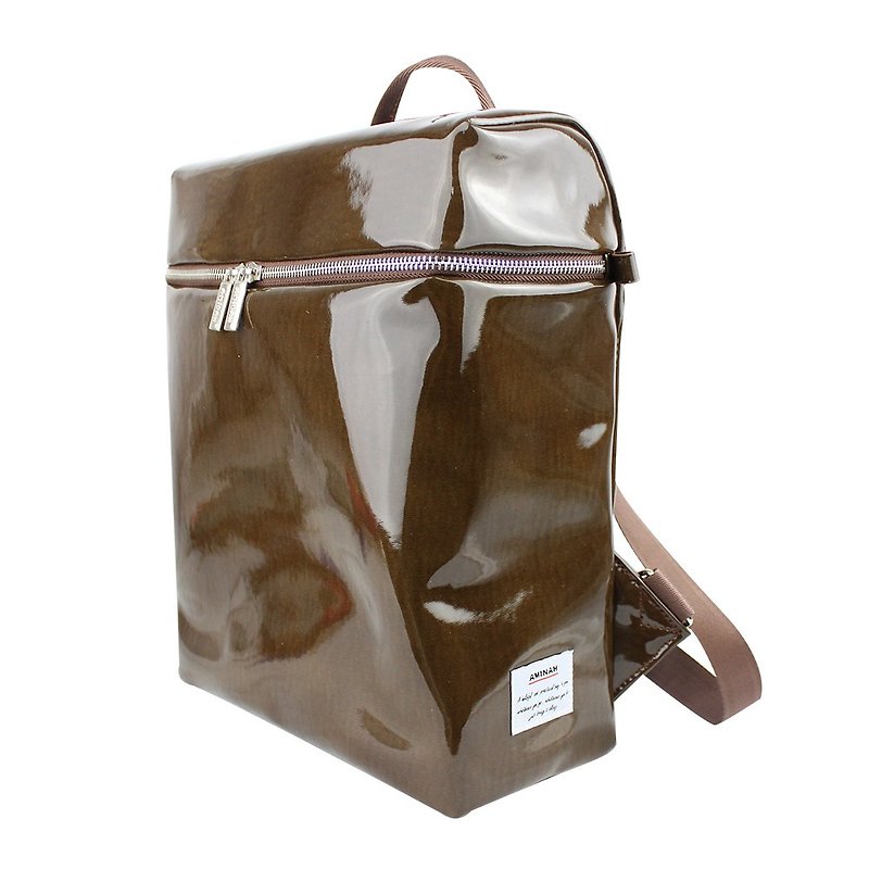 AMINAH-咖啡閃亮鏡面後背包【am-0279】 - 後背包/書包 - 人造皮革 咖啡色
