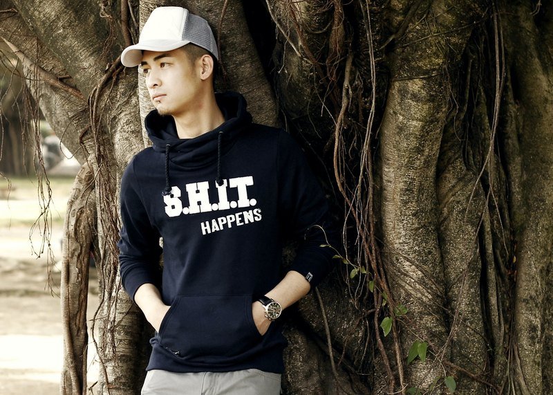 Hoodies shit系列_世事難料海軍藍色高領帽T_男版 - 男 T 恤 - 棉．麻 藍色