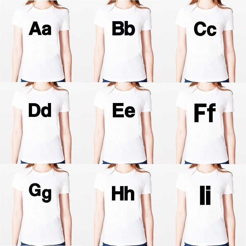 Aa Bb Cc Dd Ee Ff Gg Hh Ii Short Sleeve T-Shirt-White English Letter Design Text - เสื้อยืดผู้หญิง - ผ้าฝ้าย/ผ้าลินิน ขาว