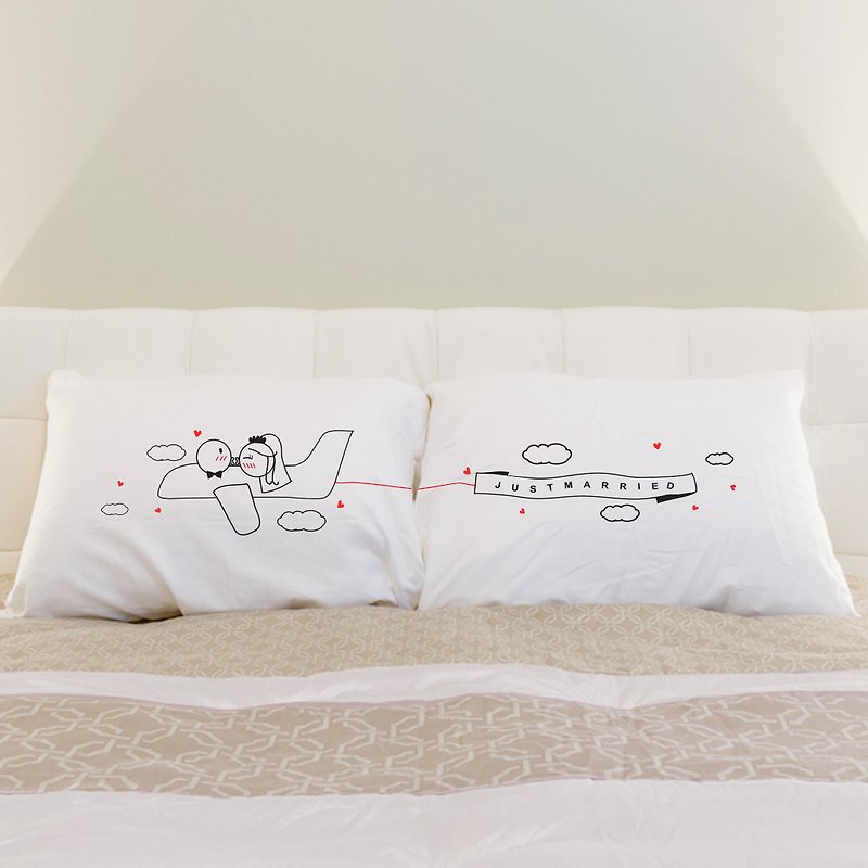 Just Married Plane Boy Meets Girl couple pillowcase by Human Touch - Pillows & Cushions - Cotton & Hemp White