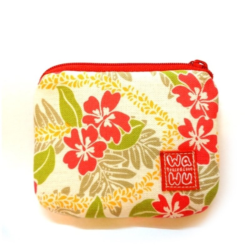 Fine coin (Hibiscus flower)/card pouch/Mini zipper pouch/ Small Gadget bag/ Pocket pouch - กระเป๋าใส่เหรียญ - ผ้าฝ้าย/ผ้าลินิน สีแดง