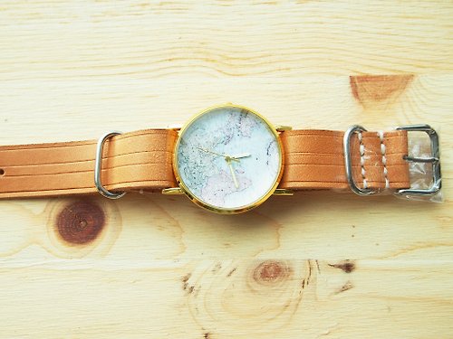 simplus-leather 手工制作 植鞣皮制錶帶配地圖錶芯