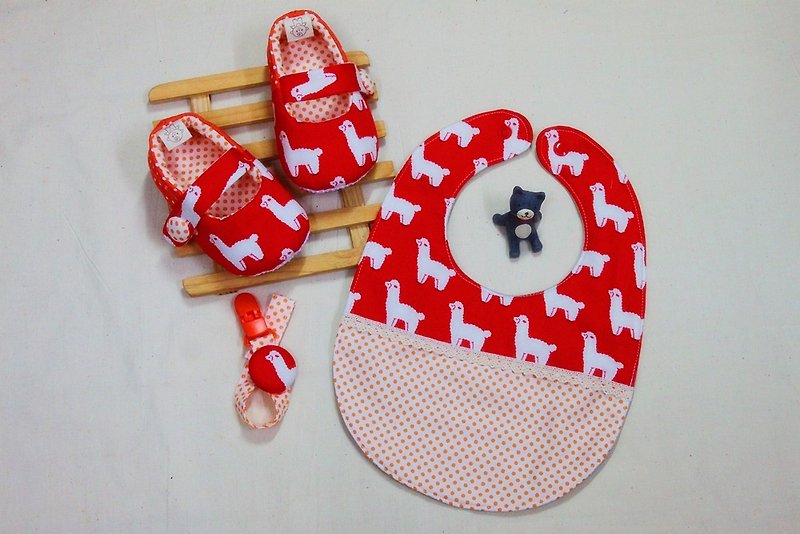 Cute Alpaca(Orange Red) Shoes + Pocket + Pacifier Chain Miyue Ceremony. Full Moon Ceremony - Baby Gift Sets - Cotton & Hemp 