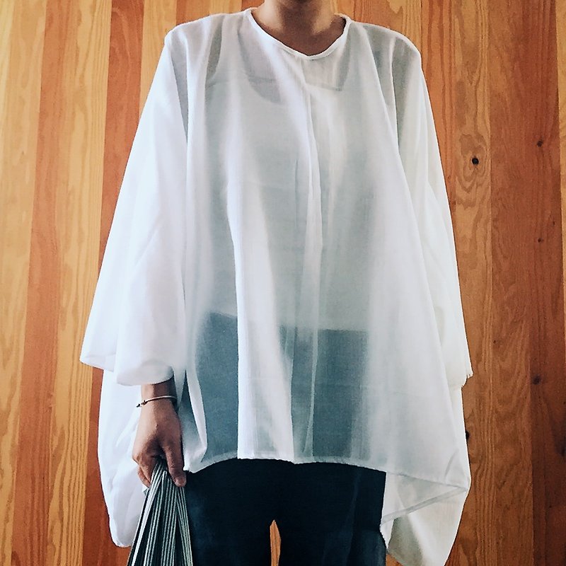 Transparent white blouse natural hand-made clothes pure cotton blouse cuffs grew transparency - Women's Tops - Other Materials White