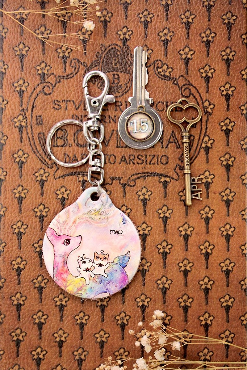 Good meow ~ vegetable tanned cowhide key ring-colorful snowflake deer - Keychains - Genuine Leather 