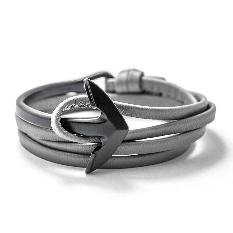 [BIJOUONE] black matte curved anchor bracelet / neutral nautical sailor wind / send her boyfriend a gift / anchor bracelets / genuine leather bracelet - Bracelets - Other Metals Multicolor