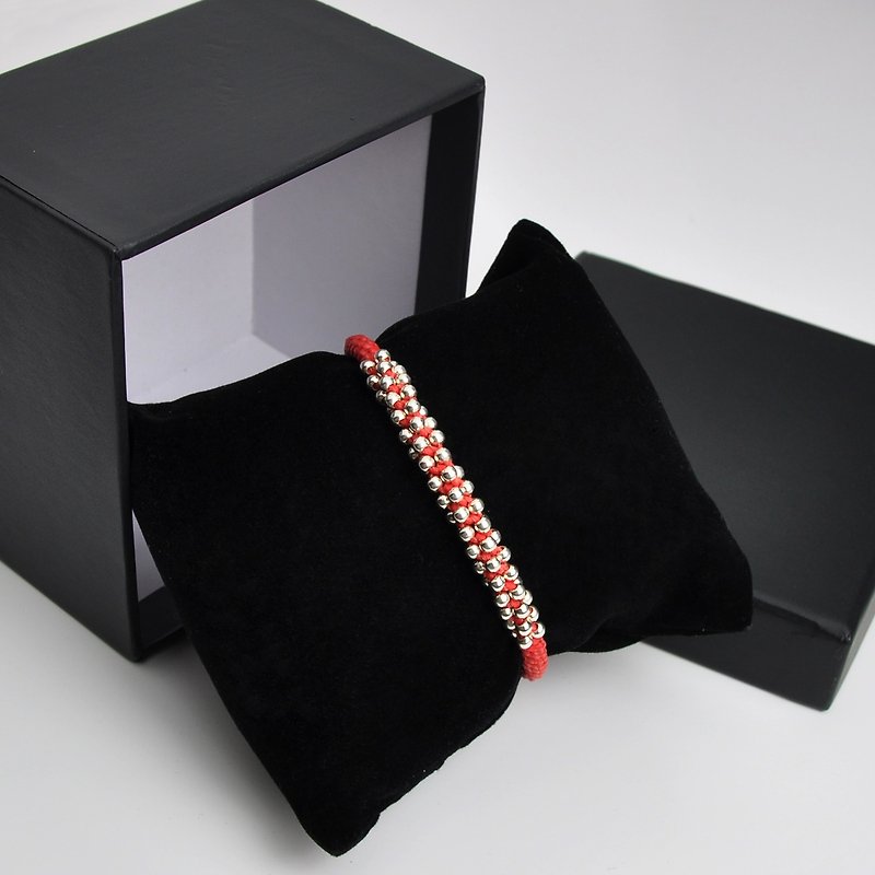 Sterling Silver beads braided bracelet / red - สร้อยข้อมือ - โลหะ สีแดง