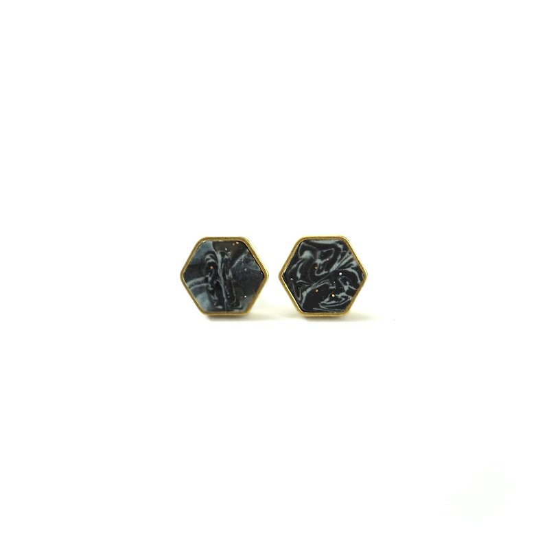 幾何黃銅軟陶經典黑色大理石紋耳釘 - 耳環/耳夾 - 黏土 黑色