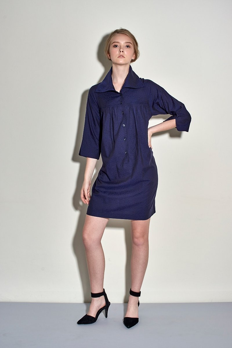 Sleeve high collar shirt-style dress - One Piece Dresses - Other Materials Blue