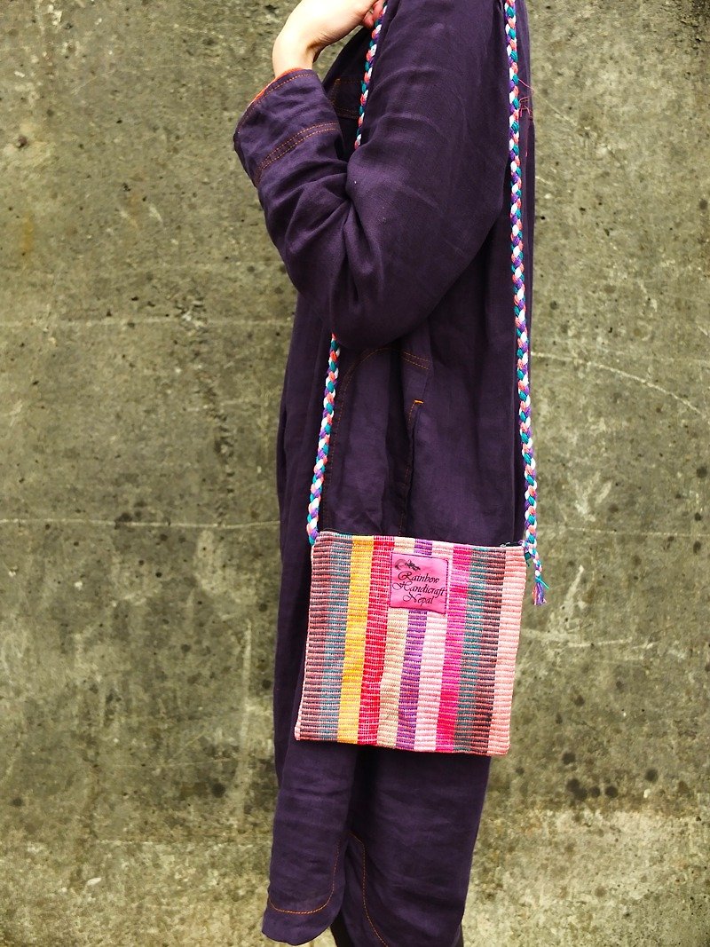 全台獨家手工編織 尼泊爾RHN側背包 護照包 萬用袋 粉橘彩紋 - 側背包/斜背包 - 其他材質 橘色