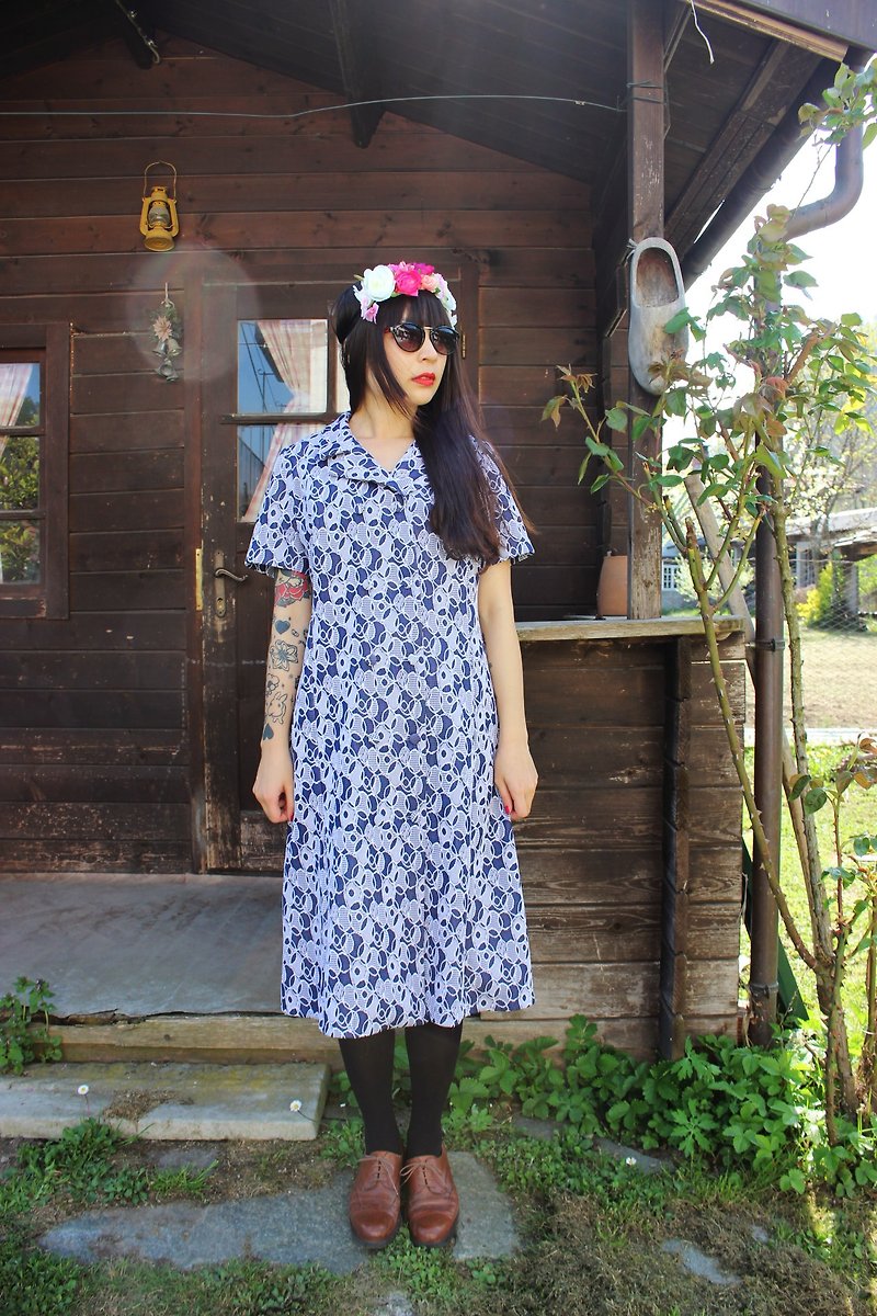 F902 (Vintage) dark blue bottom unique circle bubble pattern fabric short-sleeved vintage dress - One Piece Dresses - Other Materials Blue