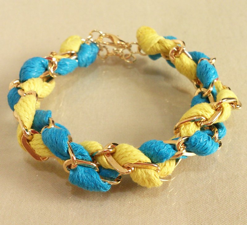 ～Fairy Tale～Double Circle Color Wax Rope Bracelet～Haiti Sky～Turkish Blue+Yellow - สร้อยข้อมือ - โลหะ หลากหลายสี
