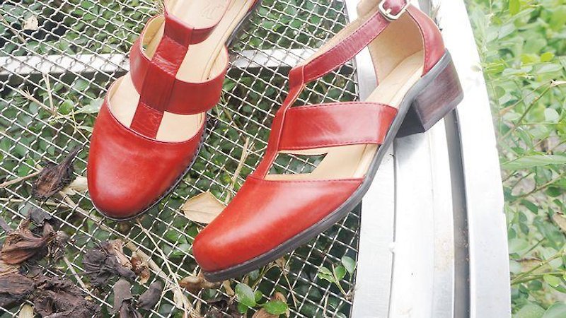 866 Picnic with jam. Roman Baotou shoes red - Sandals - Genuine Leather Red