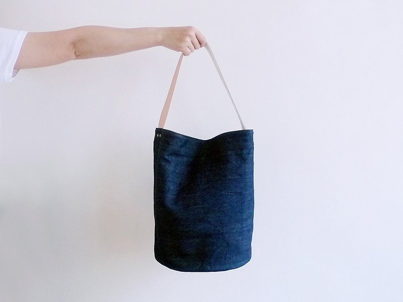 Dark blue denim large bucket (round) leather handle shoulder bag - Messenger Bags & Sling Bags - Cotton & Hemp Blue