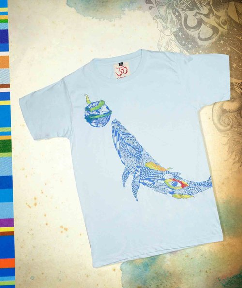 omhandmade 夏裝 男裝 純棉Tee 男上衣 男版合身旅行T-潛出水面的鯨魚(水藍)