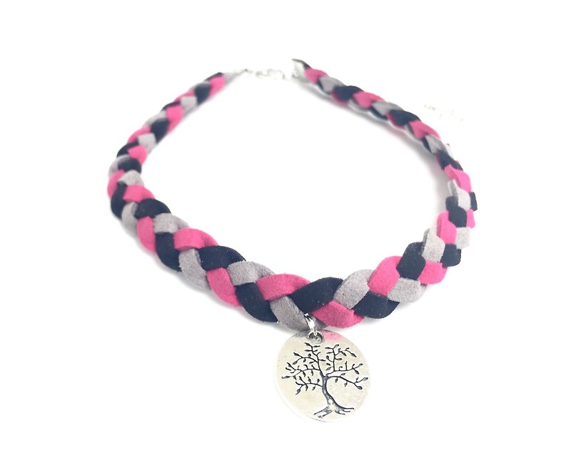 Purple pink gray black three-color twist suede braided rope-silver medal - สร้อยคอ - หนังแท้ สีม่วง