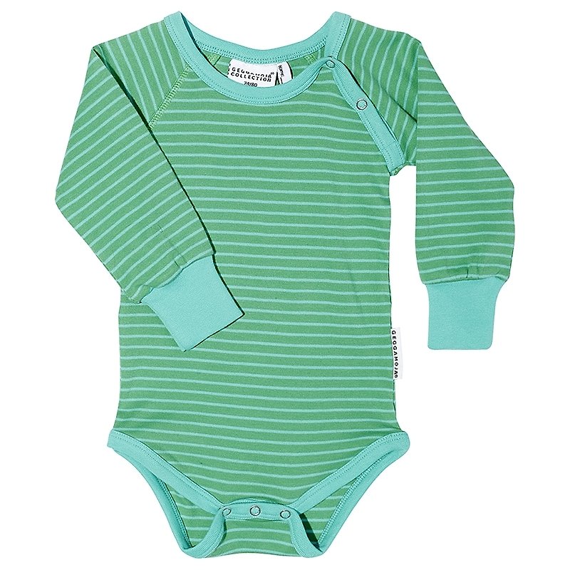 【Swedish Children's Clothing】Organic Cotton Onesies 6M to 18M Green/Blue Stripes - ชุดทั้งตัว - ผ้าฝ้าย/ผ้าลินิน สีเขียว