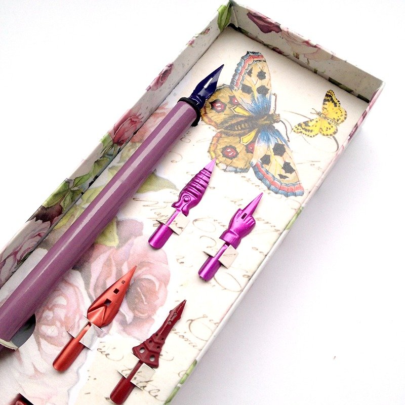 Rose0016  Romance Writing Set- Wooden Nibholder+ 5 Nibs+ Ink / Francesco Rubinat - Dip Pens - Wood Pink