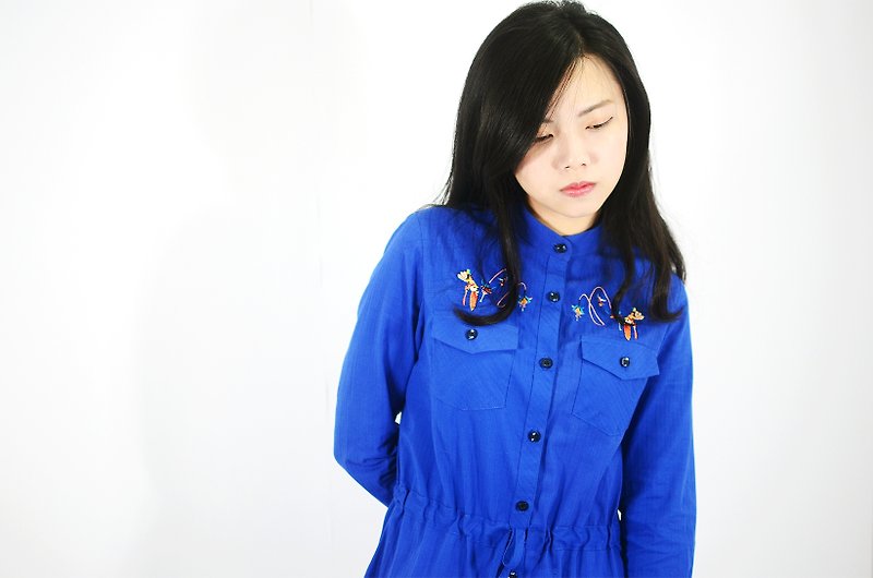 humming-Embroidered Drawstring Shirtdress / Royal blue - One Piece Dresses - Cotton & Hemp Blue