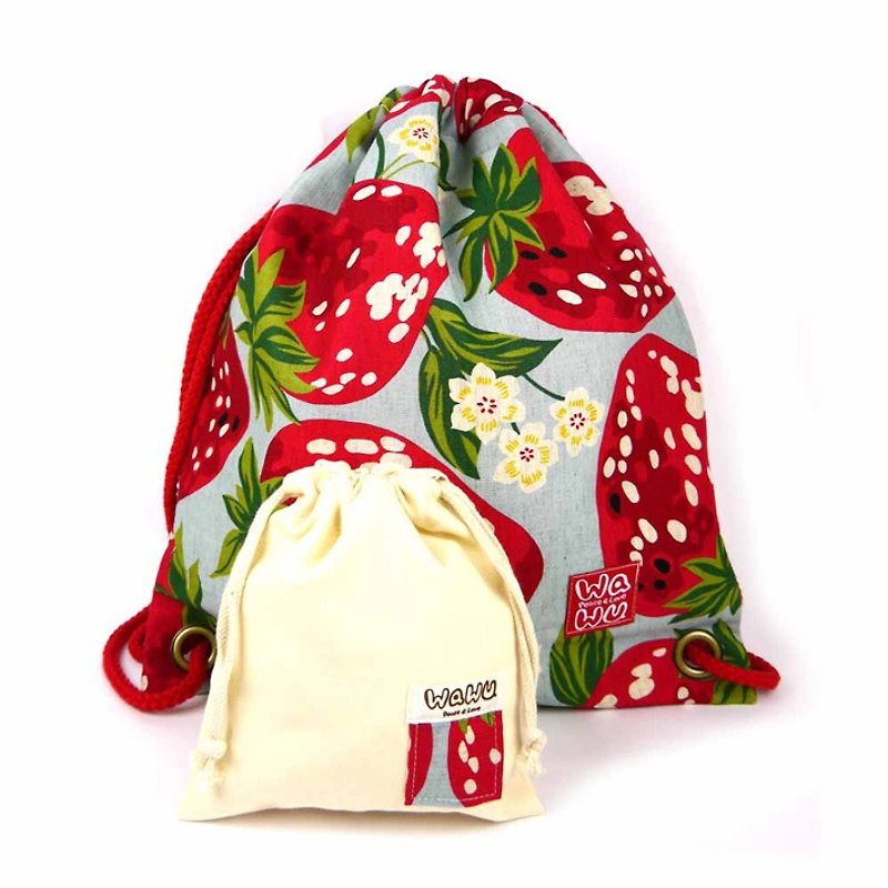 束口後背包+小收納袋 (草莓) 日本布 - 水桶包/束口袋 - 棉．麻 紅色