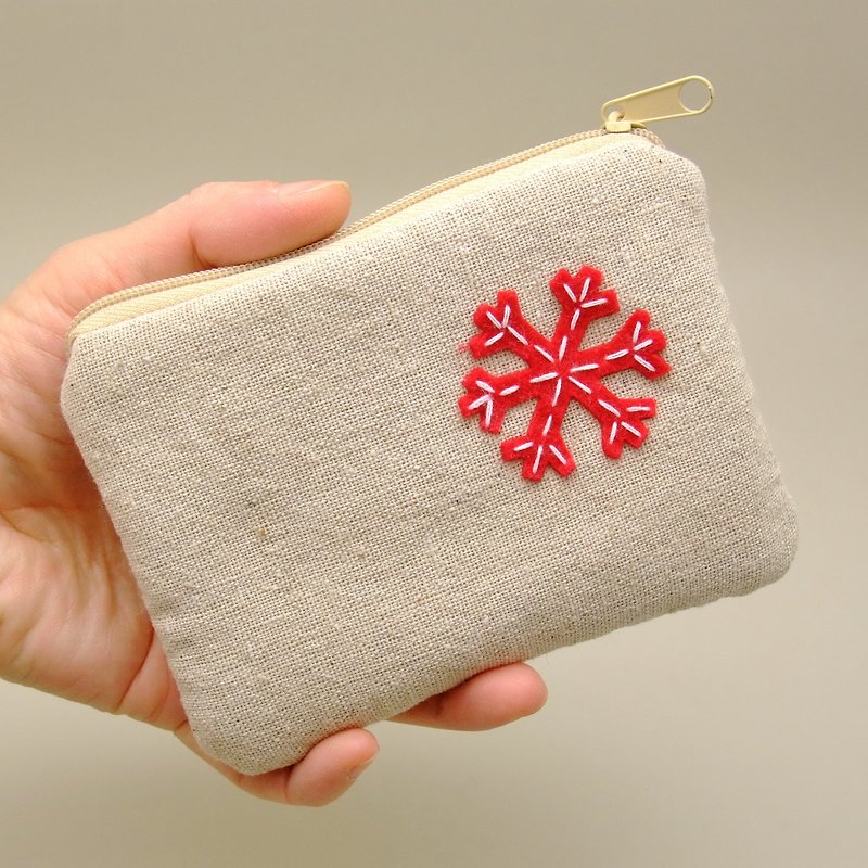 棉．麻 散紙包 紅色 - 拉鍊零錢包/卡片包/鑰匙包/耳機包/小物包 (雪花) (ZS-151)
