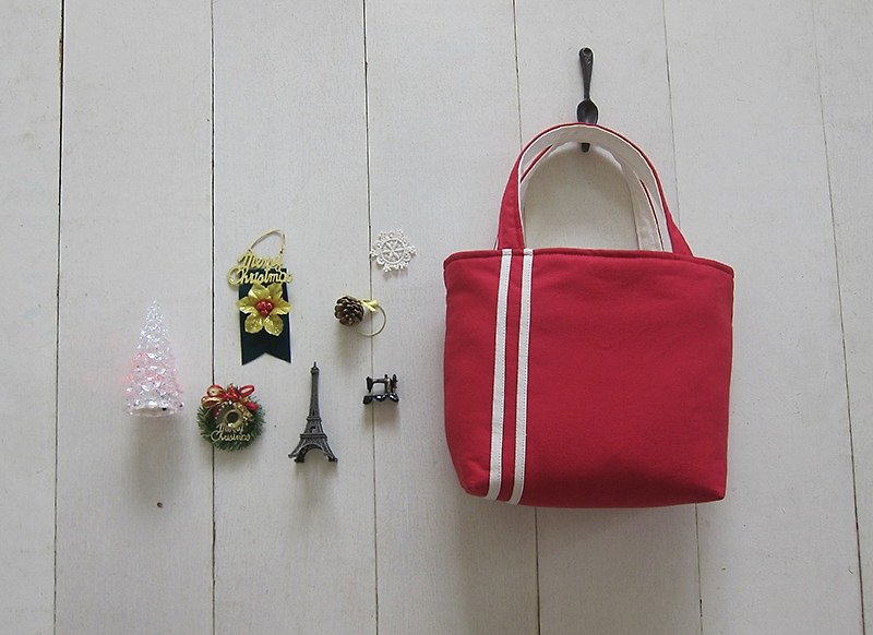Sporty Series - Small Canvas Tote (red + cream) - Handbags & Totes - Other Materials Multicolor