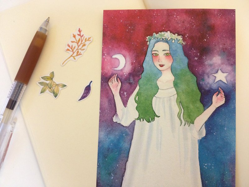 Watercolor painted - the presence of the moon and stars - Postcard - การ์ด/โปสการ์ด - กระดาษ สีน้ำเงิน