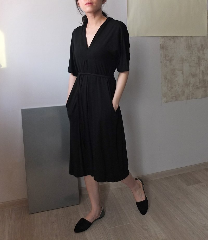 Elastic cotton black classic tailored dress (can be customized for maternity clothes) - One Piece Dresses - Cotton & Hemp 