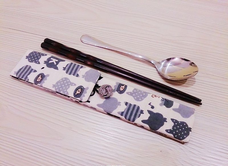 棉麻布 環保筷子套 雙層筷子袋 可愛灰貓款 - 筷子/筷架 - 其他材質 白色
