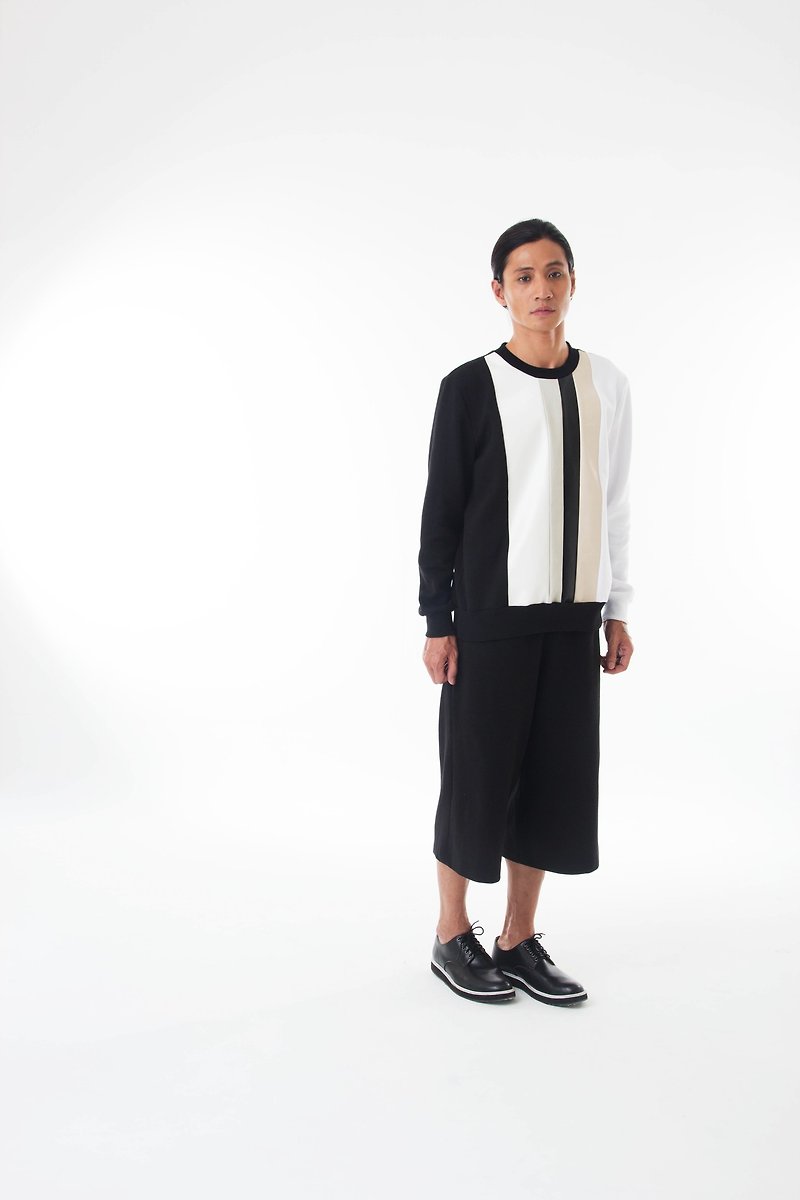 Sevenfold - Color matching leather stitching sweater 配色皮革拼接上衣(黑色) - 男 T 恤 - 棉．麻 