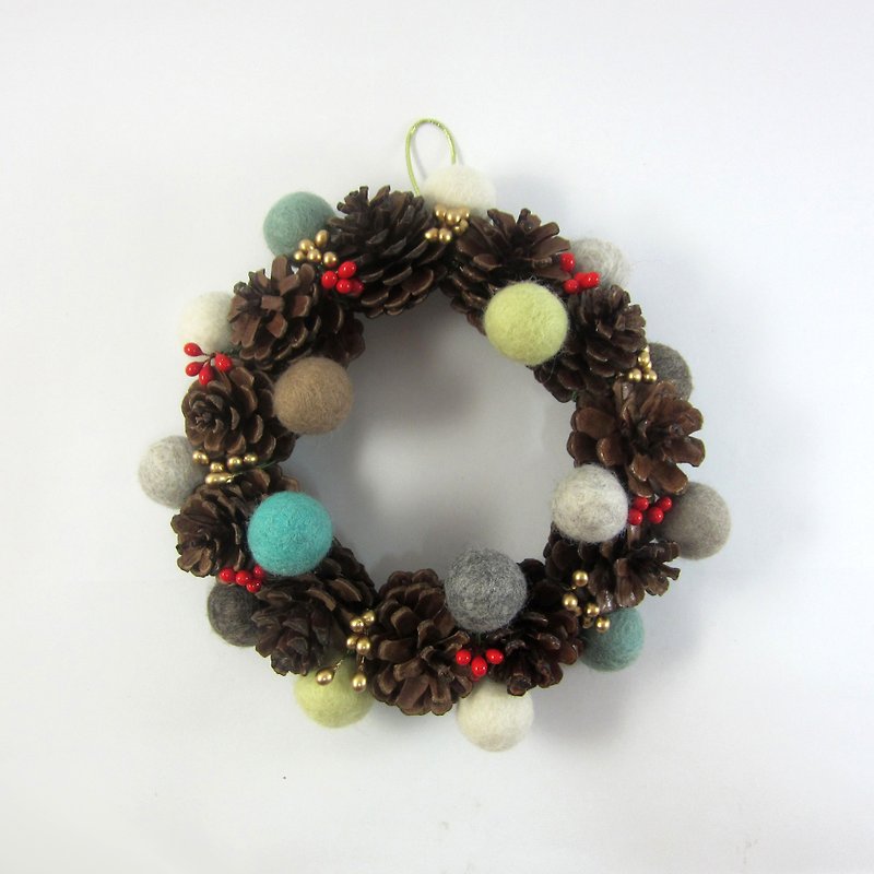 Christmas Wreath │ wool ball pine cone wreath No.1 light yellow, Elsa blue - ของวางตกแต่ง - วัสดุอื่นๆ หลากหลายสี