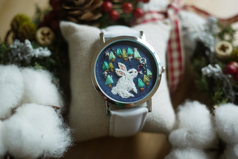 森林動物系 - 兔子花環刺繡真皮手錶/飾物 - 女裝錶 - 繡線 多色