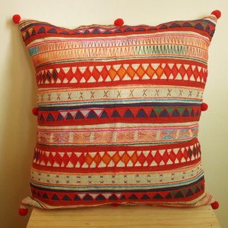 【Grooving the beats】Handmade Hmong Embroidered Pillow Case with Poms Poms / Embroidery Pillow cover / Cushion Cover / Traditional Home Decorative Cotton Cushion Cover / Home Decor  /  Pillow Case