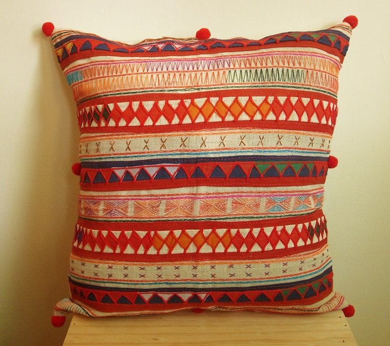 【Grooving the beats】Handmade Hmong Embroidered Pillow Case with Poms Poms / Embroidery Pillow cover / Cushion Cover / Traditional Home Decorative Cotton Cushion Cover / Home Decor  /  Pillow Case - หมอน - ผ้าฝ้าย/ผ้าลินิน หลากหลายสี