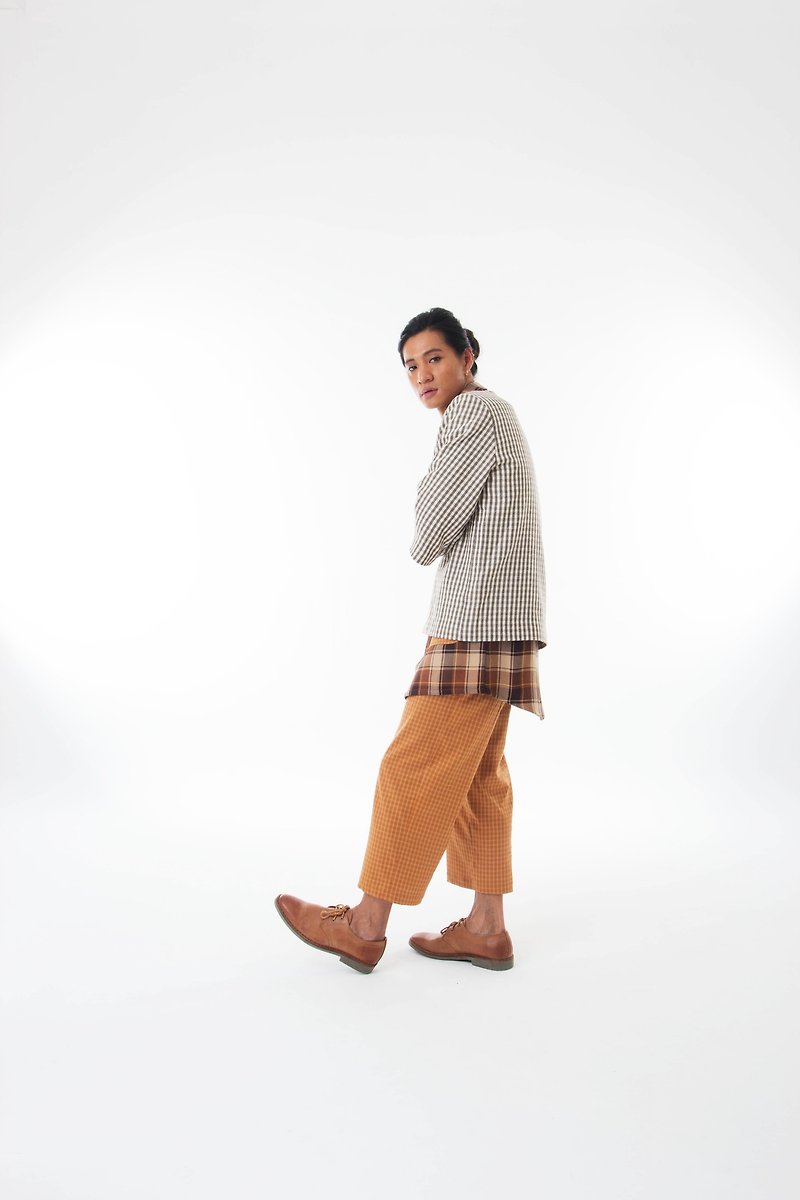 Sevenfold - Bicolor plaid stitching pant 雙色格紋拼接長褲(褐色) - 男長褲/休閒褲 - 壓克力 