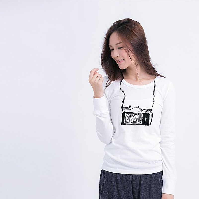 Retro camera peach cotton long-sleeved white T Women - Women's T-Shirts - Cotton & Hemp White