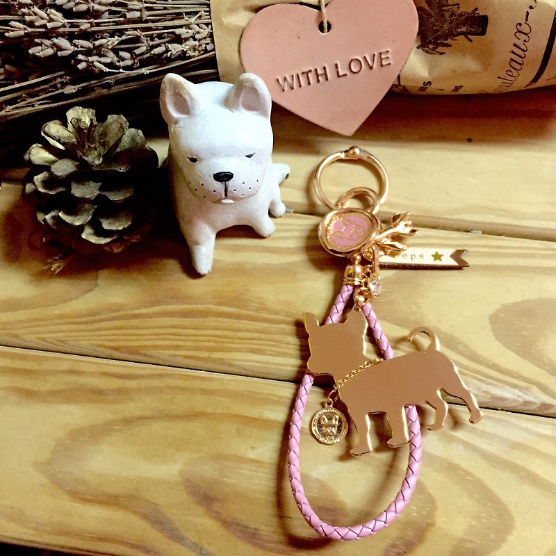 Oops吉娃娃編織皮繩包包吊飾-七夕情人節禮物- - 鑰匙圈/鑰匙包 - 其他金屬 粉紅色