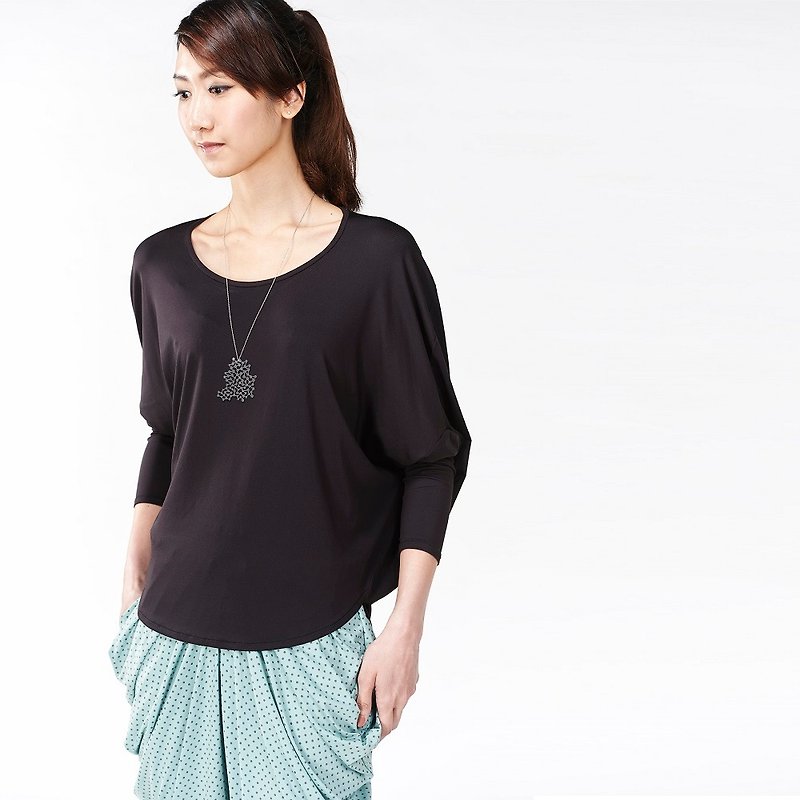 【TOP】圓版型長袖上衣 - 女 T 恤 - 聚酯纖維 黑色