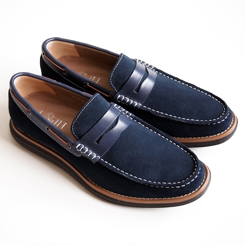 【LMdH] D2B11-39カーフスエード靴底ステッチペニー·靴ローファーはダークブルー送料無料‧‧します - オックスフォード靴 メンズ - 革 ブルー