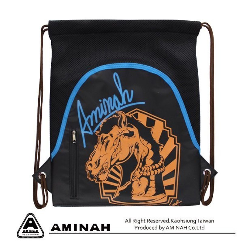 AMINAH-黑桔馬頭插畫塗鴉風束口袋 - 水桶包/束口袋 - 其他材質 黑色