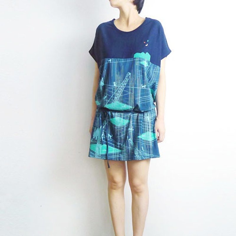 ：Urb.【建築貓】女/多穿法 x 方形創意綁繩款 / 藍色系 - 連身裙 - 棉．麻 藍色