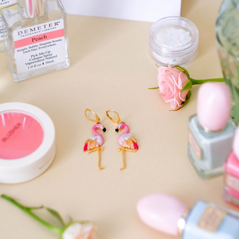 Flamingo Earring. Pink Pastel, Handmade Enamel. - ピアス・イヤリング - 金属 ピンク