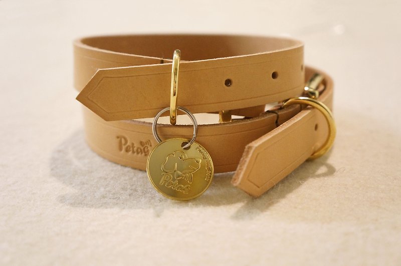 (Set) Leather collar L number + golden circle Qrcode pet wisdom collar - Collars & Leashes - Genuine Leather Khaki